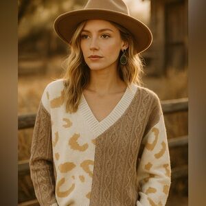 Entro Brown and Cream V-Neck Sweater with Animal Print